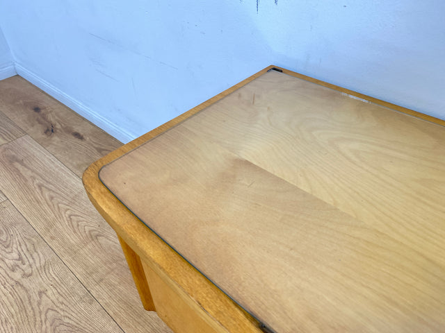 WMK I Formschöner heller Mid-Century Nachtisch mit Schublade, Klappe & Glasauflage I Nachtschrank Nachtkommode Nachtschränkchen Kommode Beistelltisch 50er 60er Retro Vintage Berlin Bremen Saarland