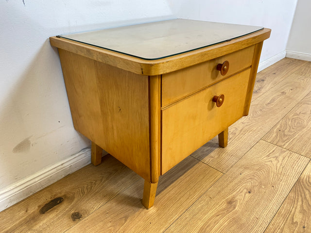 WMK I Formschöner heller Mid-Century Nachtisch mit Schublade, Klappe & Glasauflage I Nachtschrank Nachtkommode Nachtschränkchen Kommode Beistelltisch 50er 60er Retro Vintage Berlin Bremen Saarland
