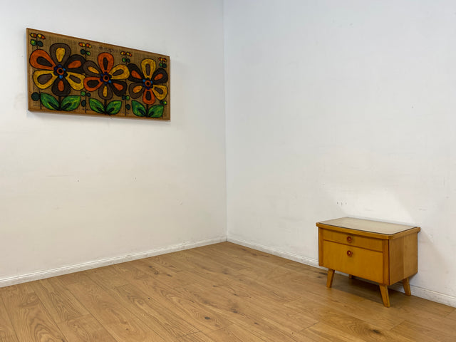 WMK I Formschöner heller Mid-Century Nachtisch mit Schublade, Klappe & Glasauflage I Nachtschrank Nachtkommode Nachtschränkchen Kommode Beistelltisch 50er 60er Retro Vintage Berlin Bremen Saarland