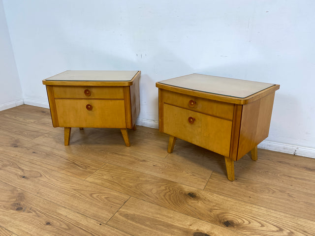 WMK I 1/2 Formschöner heller Mid-Century Nachtisch mit Schublade, Klappe & Glasauflage I Nachtschrank Nachtkommode Nachtschränkchen Kommode Beistelltisch 50er 60er Retro Vintage Berlin Bremen Saarland