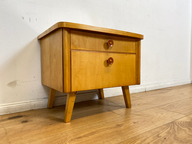 WMK I Formschöner heller Mid-Century Nachtisch mit Schublade, Klappe & Glasauflage I Nachtschrank Nachtkommode Nachtschränkchen Kommode Beistelltisch 50er 60er Retro Vintage Berlin Bremen Saarland