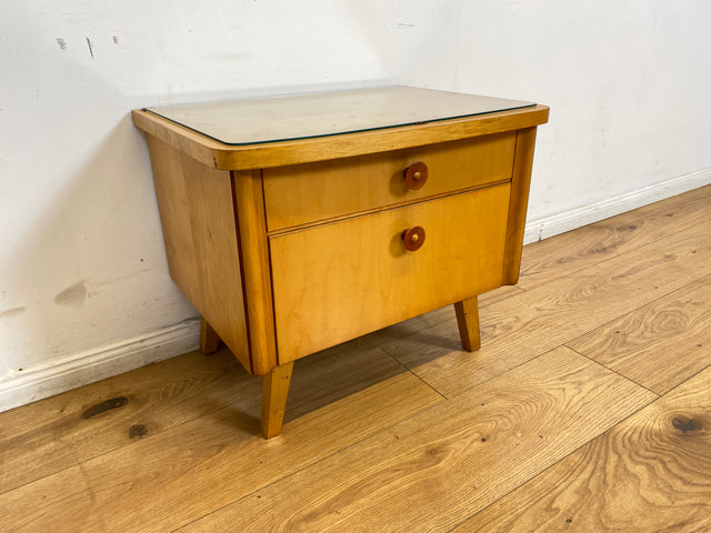 WMK I Formschöner heller Mid-Century Nachtisch mit Schublade, Klappe & Glasauflage I Nachtschrank Nachtkommode Nachtschränkchen Kommode Beistelltisch 50er 60er Retro Vintage Berlin Bremen Saarland