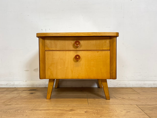 WMK I Formschöner heller Mid-Century Nachtisch mit Schublade, Klappe & Glasauflage I Nachtschrank Nachtkommode Nachtschränkchen Kommode Beistelltisch 50er 60er Retro Vintage Berlin Bremen Saarland