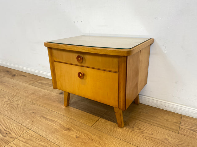 WMK I Formschöner heller Mid-Century Nachtisch mit Schublade, Klappe & Glasauflage I Nachtschrank Nachtkommode Nachtschränkchen Kommode Beistelltisch 50er 60er Retro Vintage Berlin Bremen Saarland