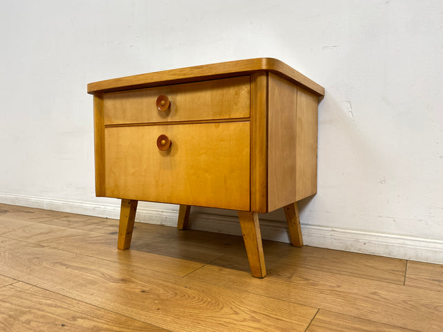 WMK I Formschöner heller Mid-Century Nachtisch mit Schublade, Klappe & Glasauflage I Nachtschrank Nachtkommode Nachtschränkchen Kommode Beistelltisch 50er 60er Retro Vintage Berlin Bremen Saarland