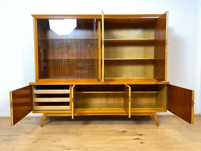 WMK I Besonders schöner heller Mid-Century Wohnzimmerschrank "Berlin" mit Vitrine und Glasböden I Schrank Highboard Anrichte Wohnwand Buffet Cabinet Sideboard Vintage 50er 60er München Köln Dresden
