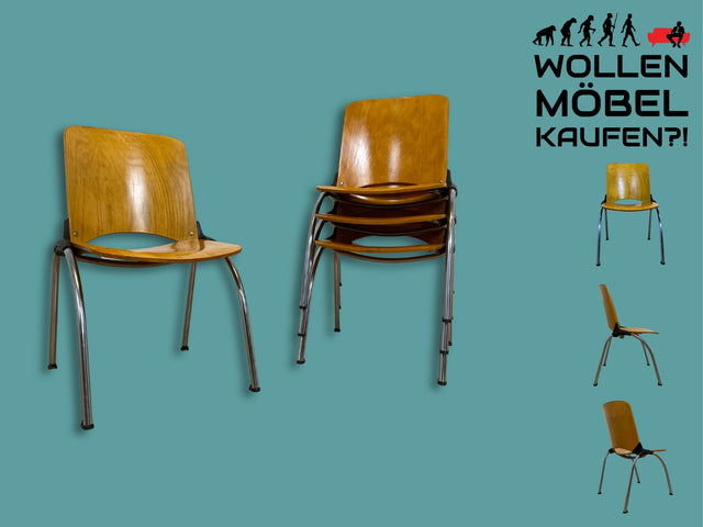 WMK I 1/6 Formschöner und sehr stabiler heller Vintage Stapelstuhl auf Chrom Füßen I Stuhl Holzstuhl Küchenstuhl Esszimmerstuhl Konferenzstuhl Cafe Gastro Industrial Design Berlin Hannover Landshut