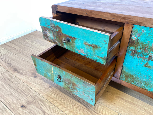 Boatwood by WMK # Bunterschönes & nachhaltiges Sideboard aus altem Bootsholz, ein handgefertigtes Unikat aus massivem Teakholz # Kommode Anrichte TV-Bank TV-Lowboard Fernsehkommode Bootsmöbel Teak