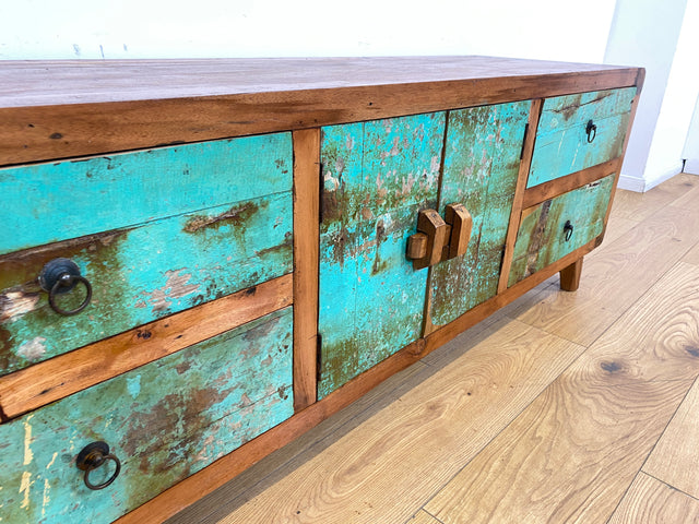 Boatwood by WMK # Bunterschönes & nachhaltiges Sideboard aus altem Bootsholz, ein handgefertigtes Unikat aus massivem Teakholz # Kommode Anrichte TV-Bank TV-Lowboard Fernsehkommode Bootsmöbel Teak