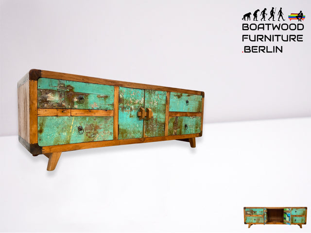 Boatwood by WMK # Bunterschönes & nachhaltiges Sideboard aus altem Bootsholz, ein handgefertigtes Unikat aus massivem Teakholz # Kommode Anrichte TV-Bank TV-Lowboard Fernsehkommode Bootsmöbel Teak
