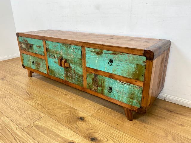 Boatwood by WMK # Bunterschönes & nachhaltiges Sideboard aus altem Bootsholz, ein handgefertigtes Unikat aus massivem Teakholz # Kommode Anrichte TV-Bank TV-Lowboard Fernsehkommode Bootsmöbel Teak