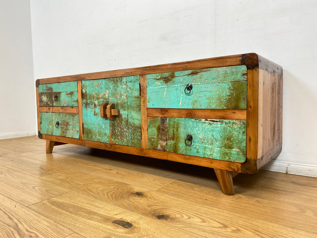 Boatwood by WMK # Bunterschönes & nachhaltiges Sideboard aus altem Bootsholz, ein handgefertigtes Unikat aus massivem Teakholz # Kommode Anrichte TV-Bank TV-Lowboard Fernsehkommode Bootsmöbel Teak