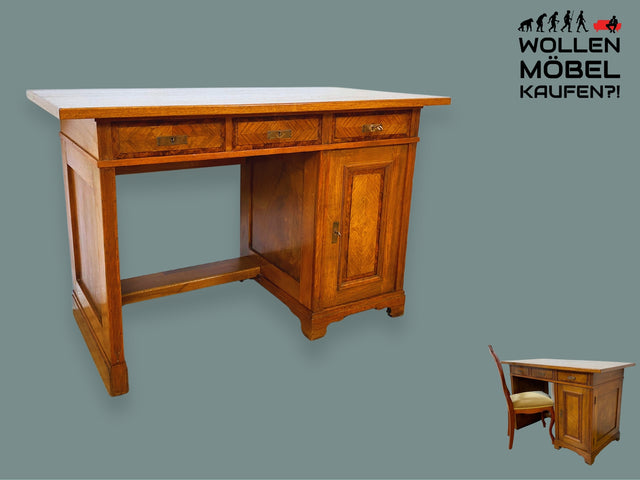 WMK I Schöner kleiner antiker Schreibtisch in Eichenholz, freistehend, mit Schubladen und Messingbeschlag, 1890-1910 I Desk Arbeitstisch Bürotisch Sekretär Gründerzeit Vintage Berlin Nürnberg Dresden