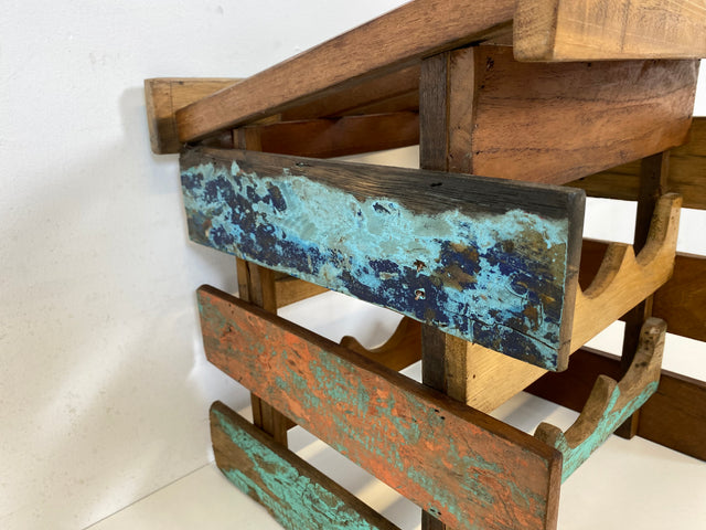 Boatwood by WMK # 1/3 Einzigartiges kleines Weinregal für 6 Flaschen, ein aus altem Bootsholz handgefertigtes Unikat aus massivem Teakholz # Flaschenregal Wine Rack Flaschenständer Weinschrank Gastro