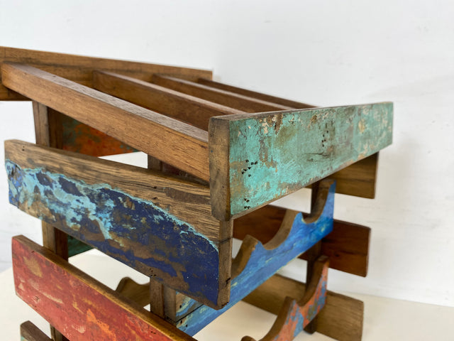 Boatwood by WMK # 1/3 Einzigartiges kleines Weinregal für 6 Flaschen, ein aus altem Bootsholz handgefertigtes Unikat aus massivem Teakholz # Flaschenregal Wine Rack Flaschenständer Weinschrank Gastro
