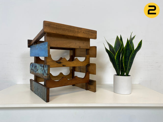 Boatwood by WMK # 1/3 Einzigartiges kleines Weinregal für 6 Flaschen, ein aus altem Bootsholz handgefertigtes Unikat aus massivem Teakholz # Flaschenregal Wine Rack Flaschenständer Weinschrank Gastro