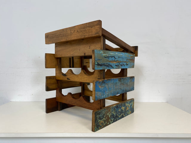 Boatwood by WMK # 1/3 Einzigartiges kleines Weinregal für 6 Flaschen, ein aus altem Bootsholz handgefertigtes Unikat aus massivem Teakholz # Flaschenregal Wine Rack Flaschenständer Weinschrank Gastro