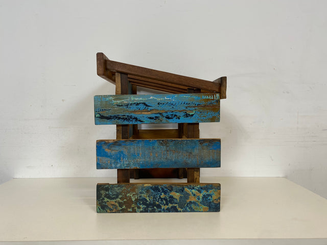 Boatwood by WMK # 1/3 Einzigartiges kleines Weinregal für 6 Flaschen, ein aus altem Bootsholz handgefertigtes Unikat aus massivem Teakholz # Flaschenregal Wine Rack Flaschenständer Weinschrank Gastro