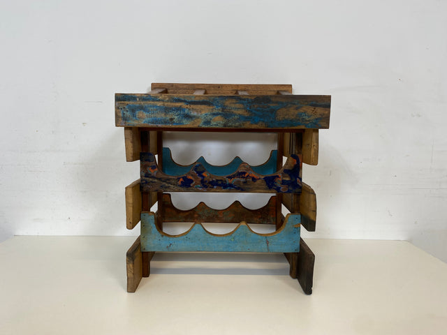Boatwood by WMK # 1/3 Einzigartiges kleines Weinregal für 6 Flaschen, ein aus altem Bootsholz handgefertigtes Unikat aus massivem Teakholz # Flaschenregal Wine Rack Flaschenständer Weinschrank Gastro