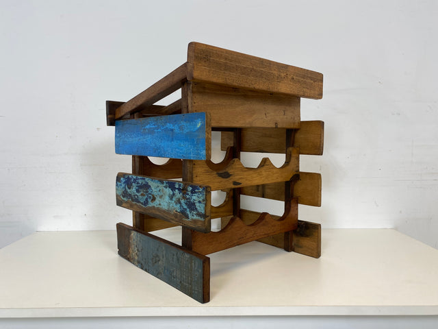 Boatwood by WMK # 1/3 Einzigartiges kleines Weinregal für 6 Flaschen, ein aus altem Bootsholz handgefertigtes Unikat aus massivem Teakholz # Flaschenregal Wine Rack Flaschenständer Weinschrank Gastro