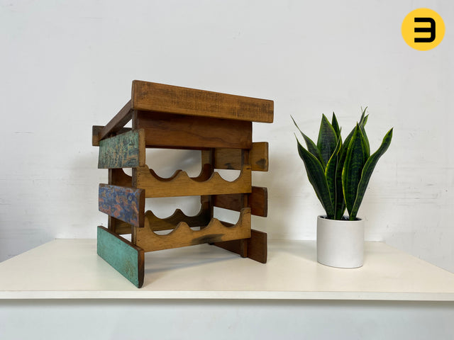 Boatwood by WMK # 1/3 Einzigartiges kleines Weinregal für 6 Flaschen, ein aus altem Bootsholz handgefertigtes Unikat aus massivem Teakholz # Flaschenregal Wine Rack Flaschenständer Weinschrank Gastro