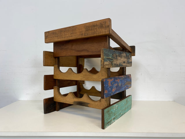 Boatwood by WMK # 1/3 Einzigartiges kleines Weinregal für 6 Flaschen, ein aus altem Bootsholz handgefertigtes Unikat aus massivem Teakholz # Flaschenregal Wine Rack Flaschenständer Weinschrank Gastro