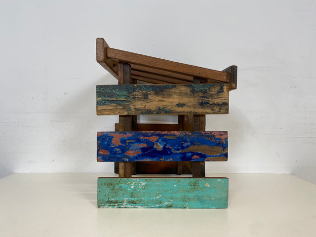 Boatwood by WMK # 1/3 Einzigartiges kleines Weinregal für 6 Flaschen, ein aus altem Bootsholz handgefertigtes Unikat aus massivem Teakholz # Flaschenregal Wine Rack Flaschenständer Weinschrank Gastro