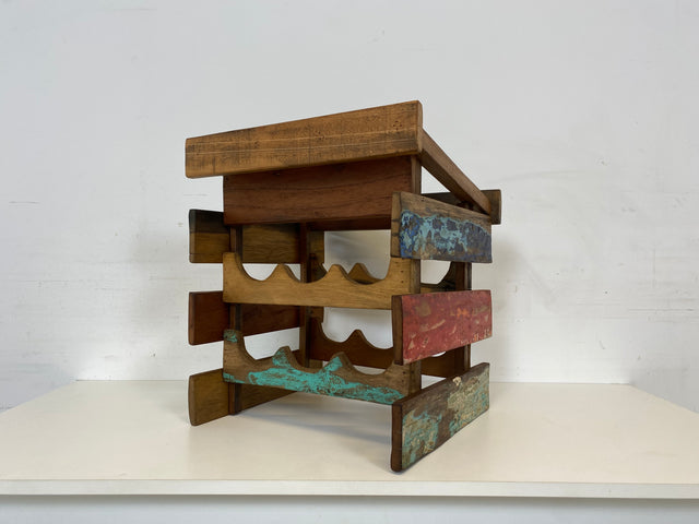 Boatwood by WMK # 1/3 Einzigartiges kleines Weinregal für 6 Flaschen, ein aus altem Bootsholz handgefertigtes Unikat aus massivem Teakholz # Flaschenregal Wine Rack Flaschenständer Weinschrank Gastro