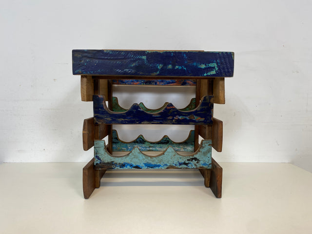 Boatwood by WMK # 1/3 Einzigartiges kleines Weinregal für 6 Flaschen, ein aus altem Bootsholz handgefertigtes Unikat aus massivem Teakholz # Flaschenregal Wine Rack Flaschenständer Weinschrank Gastro