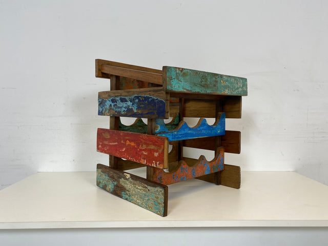 Boatwood by WMK # 1/3 Einzigartiges kleines Weinregal für 6 Flaschen, ein aus altem Bootsholz handgefertigtes Unikat aus massivem Teakholz # Flaschenregal Wine Rack Flaschenständer Weinschrank Gastro