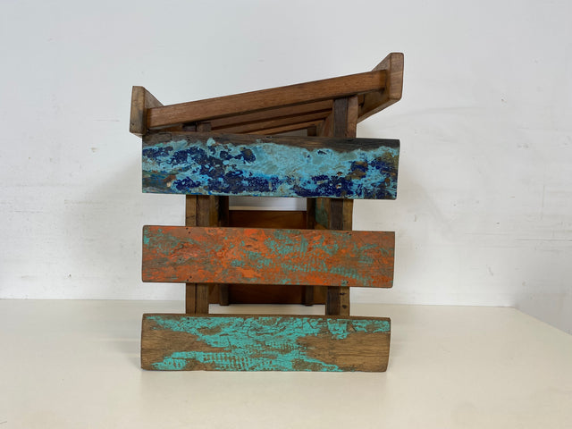 Boatwood by WMK # 1/3 Einzigartiges kleines Weinregal für 6 Flaschen, ein aus altem Bootsholz handgefertigtes Unikat aus massivem Teakholz # Flaschenregal Wine Rack Flaschenständer Weinschrank Gastro