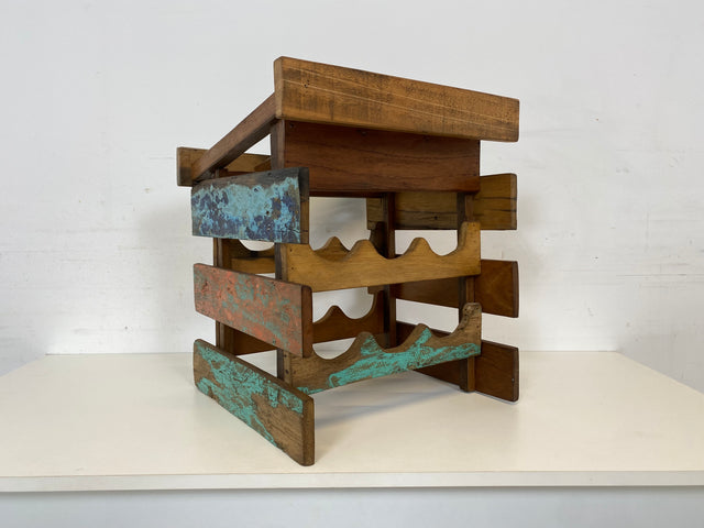 Boatwood by WMK # 1/3 Einzigartiges kleines Weinregal für 6 Flaschen, ein aus altem Bootsholz handgefertigtes Unikat aus massivem Teakholz # Flaschenregal Wine Rack Flaschenständer Weinschrank Gastro