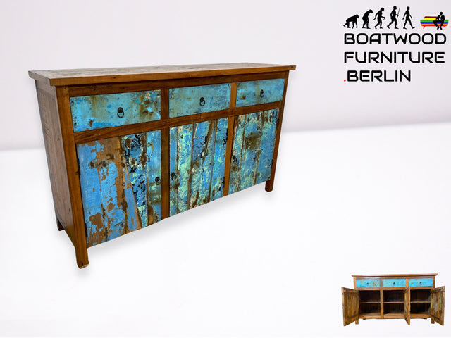 Boatwood by WMK I Einzigartiges meeresblaues Sideboard handgefertigt aus altem Bootsholz I Teakholz massiv I Schrank Kommode Anrichte Büfett Buffet Wäschekommode Fernsehkommode Berlin Dresden Bochum