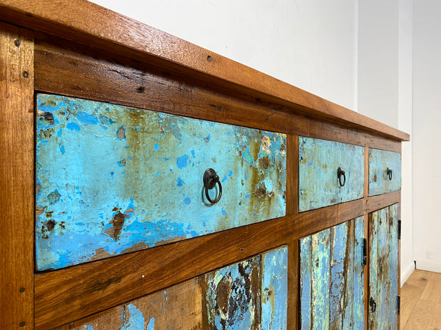 Boatwood by WMK I Einzigartiges meeresblaues Sideboard handgefertigt aus altem Bootsholz I Teakholz massiv I Schrank Kommode Anrichte Büfett Buffet Wäschekommode Fernsehkommode Berlin Dresden Bochum