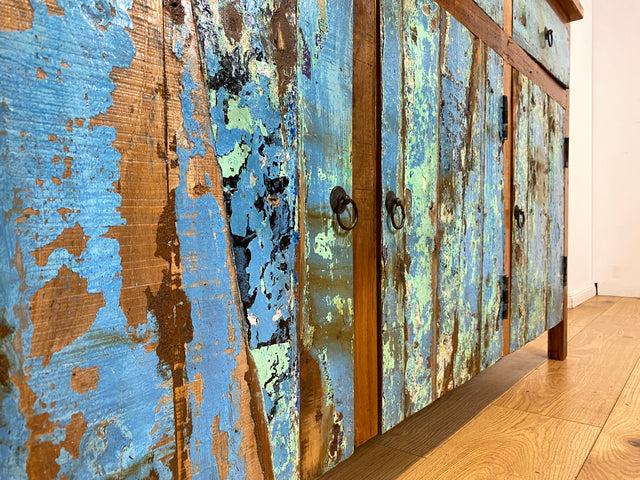 Boatwood by WMK I Einzigartiges meeresblaues Sideboard handgefertigt aus altem Bootsholz I Teakholz massiv I Schrank Kommode Anrichte Büfett Buffet Wäschekommode Fernsehkommode Berlin Dresden Bochum
