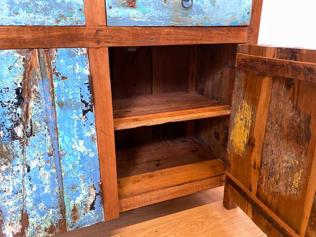 Boatwood by WMK I Einzigartiges meeresblaues Sideboard handgefertigt aus altem Bootsholz I Teakholz massiv I Schrank Kommode Anrichte Büfett Buffet Wäschekommode Fernsehkommode Berlin Dresden Bochum