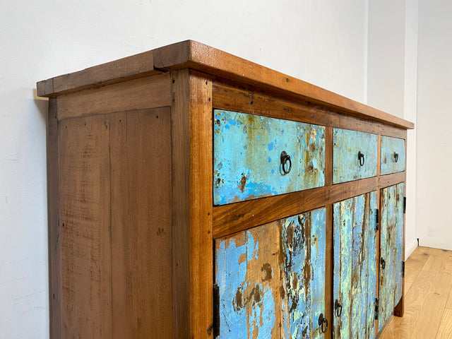 Boatwood by WMK I Einzigartiges meeresblaues Sideboard handgefertigt aus altem Bootsholz I Teakholz massiv I Schrank Kommode Anrichte Büfett Buffet Wäschekommode Fernsehkommode Berlin Dresden Bochum