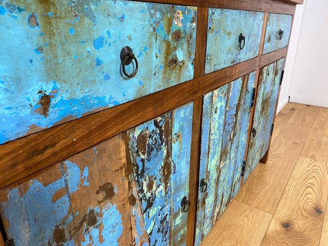 Boatwood by WMK I Einzigartiges meeresblaues Sideboard handgefertigt aus altem Bootsholz I Teakholz massiv I Schrank Kommode Anrichte Büfett Buffet Wäschekommode Fernsehkommode Berlin Dresden Bochum