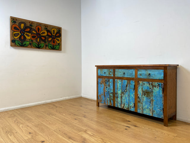 Boatwood by WMK I Einzigartiges meeresblaues Sideboard handgefertigt aus altem Bootsholz I Teakholz massiv I Schrank Kommode Anrichte Büfett Buffet Wäschekommode Fernsehkommode Berlin Dresden Bochum