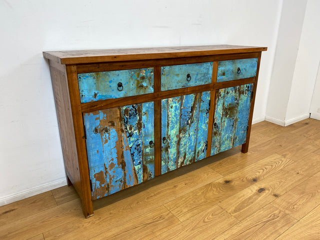 Boatwood by WMK I Einzigartiges meeresblaues Sideboard handgefertigt aus altem Bootsholz I Teakholz massiv I Schrank Kommode Anrichte Büfett Buffet Wäschekommode Fernsehkommode Berlin Dresden Bochum
