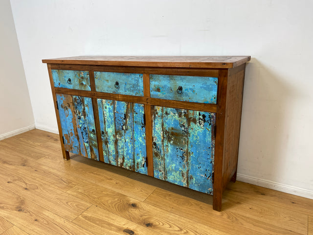 Boatwood by WMK I Einzigartiges meeresblaues Sideboard handgefertigt aus altem Bootsholz I Teakholz massiv I Schrank Kommode Anrichte Büfett Buffet Wäschekommode Fernsehkommode Berlin Dresden Bochum