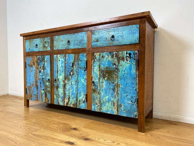 Boatwood by WMK I Einzigartiges meeresblaues Sideboard handgefertigt aus altem Bootsholz I Teakholz massiv I Schrank Kommode Anrichte Büfett Buffet Wäschekommode Fernsehkommode Berlin Dresden Bochum