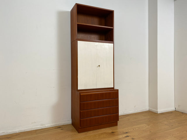 WMK # Stilvolles & gut erhaltenes modulares Mid-Century Highboard, Vollholz in Teak, mit später weißer Lackierung # Schrank Bücherschrank Regalwand Schrankwand Regal Sideboard Kommode Teakholz Vintage