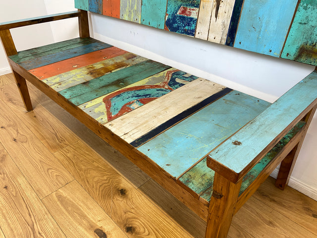 Boatwood by WMK # Bunte, sehr stabile und nachhaltige Sitzbank I Handmade Unikat aus altem Bootsholz I Teakholz massiv # Holzbank Bank Sofa 3er Küchenbank Balkonmöbel Outdoor Usedom Rostock Bodensee