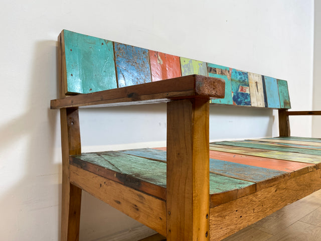 Boatwood by WMK # Bunte, sehr stabile und nachhaltige Sitzbank I Handmade Unikat aus altem Bootsholz I Teakholz massiv # Holzbank Bank Sofa 3er Küchenbank Balkonmöbel Outdoor Usedom Rostock Bodensee