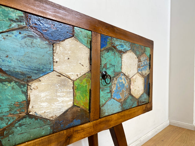 Boatwood by WMK # Detailreiche und nachhaltige Kommode aus altem Bootsholz, ein handgefertigtes Unikat aus massivem Teakholz # Sideboard Flurkommode Schrank Anrichte Konsole TV Bank Bootsmöbel Teak