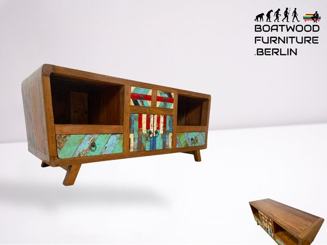Boatwood by WMK I Formschönes nachhaltiges TV Lowboard mit Schubladen I handgefertigtes Unikat aus altem Bootsholz I Teakholz massiv I Sideboard Kommode Bank Rack Fernsehkommode Berlin Rostock Bayern