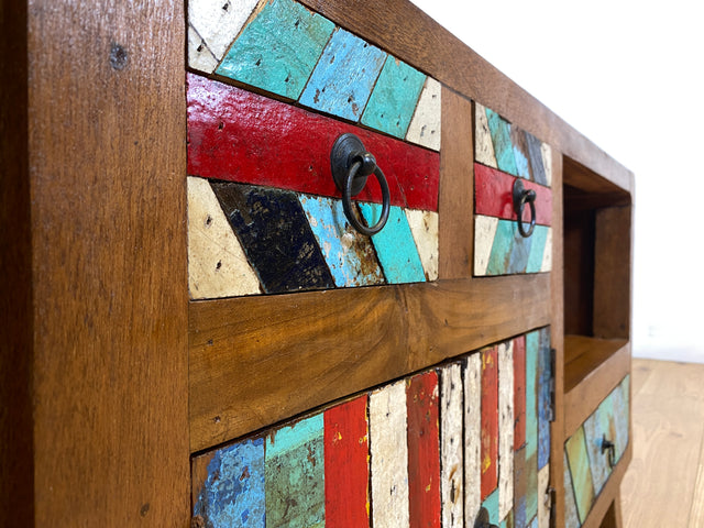 Boatwood by WMK I Formschönes nachhaltiges TV Lowboard mit Schubladen I handgefertigtes Unikat aus altem Bootsholz I Teakholz massiv I Sideboard Kommode Bank Rack Fernsehkommode Berlin Rostock Bayern