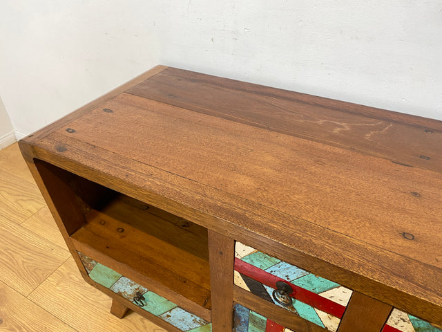 Boatwood by WMK I Formschönes nachhaltiges TV Lowboard mit Schubladen I handgefertigtes Unikat aus altem Bootsholz I Teakholz massiv I Sideboard Kommode Bank Rack Fernsehkommode Berlin Rostock Bayern