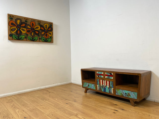 Boatwood by WMK I Formschönes nachhaltiges TV Lowboard mit Schubladen I handgefertigtes Unikat aus altem Bootsholz I Teakholz massiv I Sideboard Kommode Bank Rack Fernsehkommode Berlin Rostock Bayern